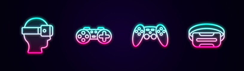 Set line Virtual reality glasses, Gamepad, and . Glowing neon icon. Vector © Iryna