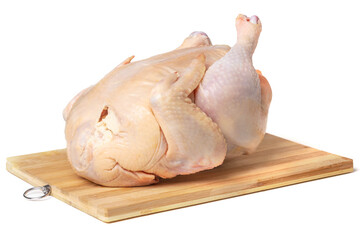 Whole chicken carcass on a cutting board, isolate on a white background