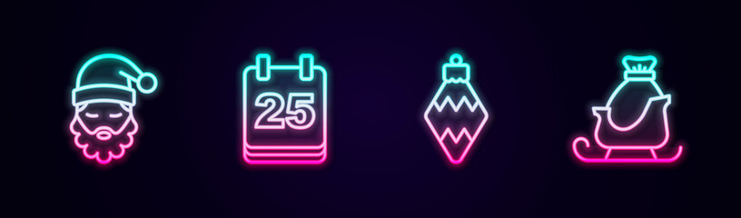 Set line Santa Claus hat and beard, Christmas day calendar, toy and santa claus sleigh. Glowing neon icon. Vector