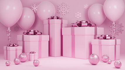 Holiday Christmas and Happy new year pastel pink color background with a gift box and balloons.,3d model and illustration.
