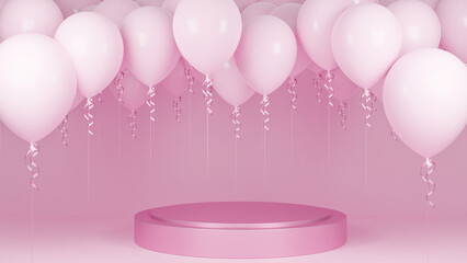 Pink balloons floating with podium in pink pastel background., birthday party and new year concept., 3d model and illustration.