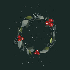 New Year, Christmas wreath. Cranberry berry. Food, decoration for the holiday. Happy New Year and Merry Christmas. A postcard for the New Year holidays. A vine woven into a wreath. Believe.