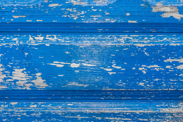 Blue old peeling paint from the surface of the wooden texture of the fence board weathered background
