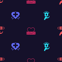 Set Shelter for homeless, Heart with cross, Donation and charity and Medical protective mask on seamless pattern. Vector