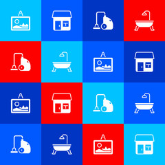 Set Picture, House, Vacuum cleaner and Bathtub icon. Vector