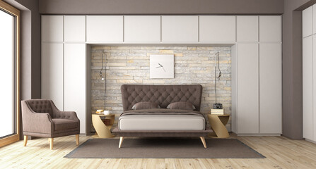 Modern bedroom with double bed and wardrobe