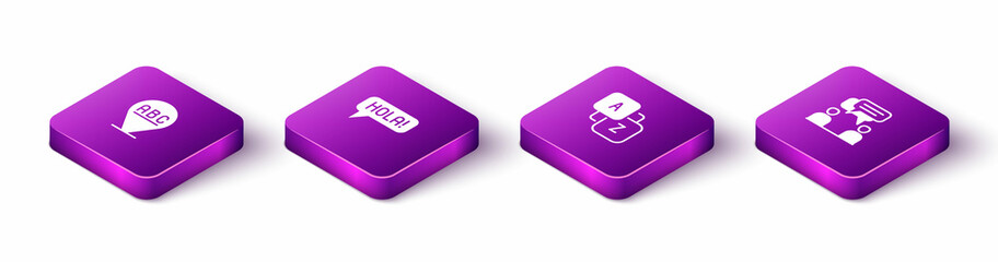 Set Isometric Alphabet, Hola in different languages, Vocabulary and Two sitting men talking icon. Vector © vector_v
