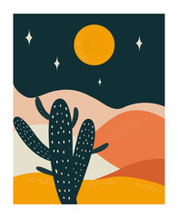 Landscape with a cactus in desert in bright colors