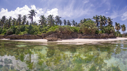 Fototapeta na wymiar tropical island white sand beach crystal clear sea water photography with fish eye lens
