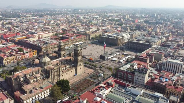 Mexico City: Aerial view of capital city of Mexico, Mexico City's main square Plaza de la Constitucion (El Z&oacute;calo) and Metropolitan Cathedral - landscape panorama of North America from above