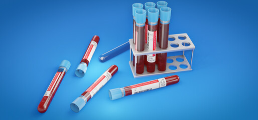SARS-CoV-2 Omicron variant blood test, 3d render,Ampoules with blood samples to coronavirus on table
