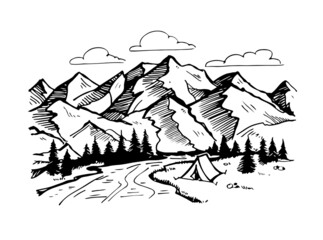 Mountains camp. Illustration for poster, banner, t-shirt design.