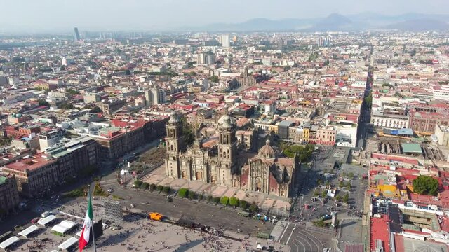 Mexico City: Aerial view of capital city of Mexico, Mexico City's main square Plaza de la Constitucion (El Z&oacute;calo) and Metropolitan Cathedral - landscape panorama of North America from above