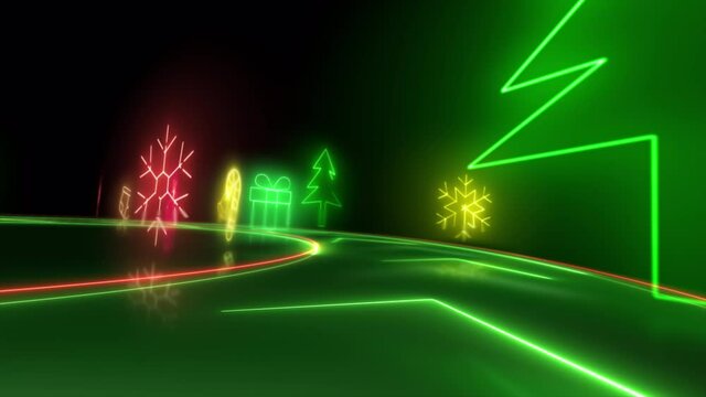 Christmas trees, neon glow icon on black background. Blinking neon symbol of Christmas. 3d Loop animation of 4K.