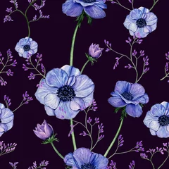Foto auf Acrylglas Watercolor seamless pattern blue and violet anemones with violet little flowers on branches for beautiful design on dark isolated background. Watercolor limonium, vintage style. © Veronika