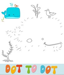 Dot to dot puzzle for children. Connect dots game. Whale  illustration