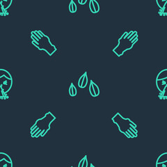 Set line Sesame seeds, Hand with psoriasis or eczema and Handkerchief to his runny nose on seamless pattern. Vector