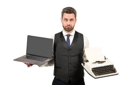 Confused Boss Isolated On White. Businessman Hold Vintage Typewriter.