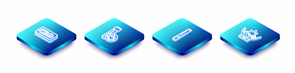 Set Isometric line Cannabis molecule, Chemical test tube with marijuana, Marijuana joint and or cannabis leaf icon. Vector