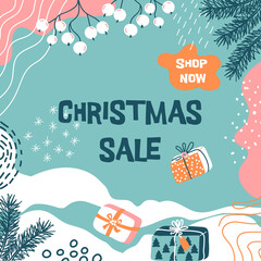 Christmas SALE! Spruce branches, snow, gift boxes, berries, lines, curve and spots, dots. Trendy vector border. Ideal for advertising and discount in the market