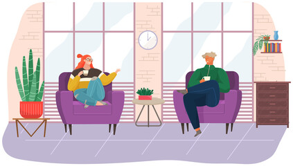 Relaxed people are talking together, sitting in comfortable armchairs with hot drinks.. Man and woman communicating, resting in studio. Positive communication of friends during coffee break