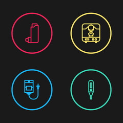 Set line IV bag, Medical digital thermometer, X-ray machine and Inhaler icon. Vector