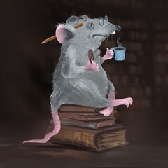 Fairytale character - humorous gray mouse sits on books with a cup of coffee and a pencil in the library