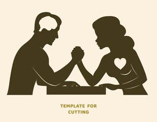 Template for laser cutting, wood carving, paper cut. Silhouettes for cutting. Arm wrestling challenge between a young couple  stencil.
