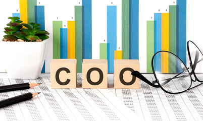 COO word written on the wood block with chart, glasses and pencils