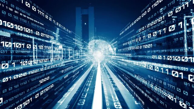 Digital data flow on road in concept of cyber global communication and coding with graphic creating vision of fast speed transfer to show agile digital transformation , disruptive innovation .