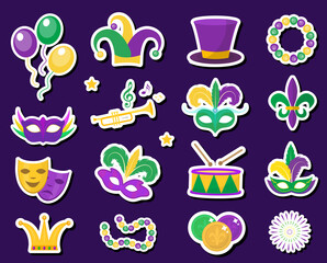 Mardi Gras carnival stickers patches badges set icons, design element , flat style. Collection Mardi Gras, mask with feathers, beads, joker, fleur de lis, comedy and tragedy, party decorations