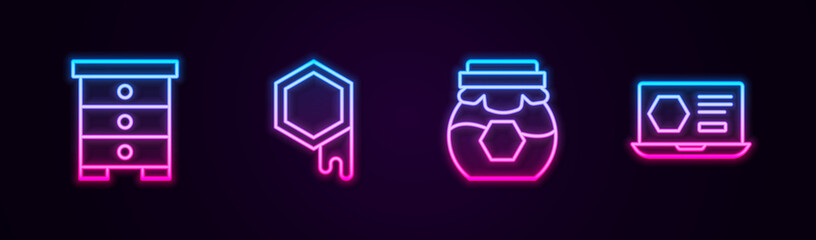 Set line Hive for bees, Honeycomb, Jar of honey and online service. Glowing neon icon. Vector