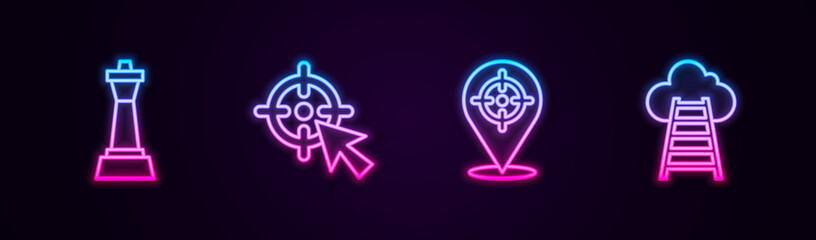 Set line Chess, Target, and Stair with finish flag. Glowing neon icon. Vector