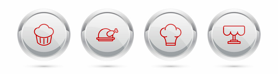 Set line Cupcake, Roasted turkey or chicken, Chef hat and Wooden table. Silver circle button. Vector