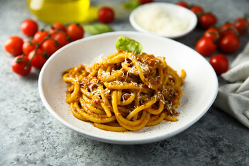 Traditional homemade pasta Bolognese with beef ragout - obrazy, fototapety, plakaty