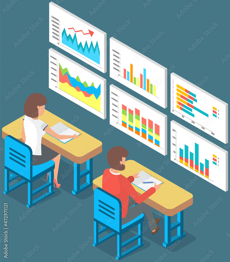 Poster visualize with business analytics. people work with statistical data analysis, changing indicators. 