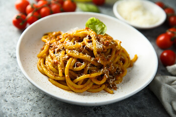 Traditional homemade pasta Bolognese with beef ragout
