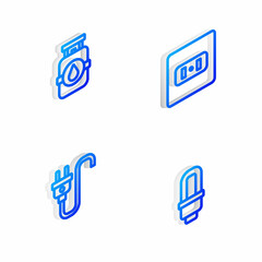 Set Isometric line Electrical outlet, Propane gas tank, plug and LED light bulb icon. Vector