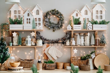 decoration of shelves and walls in kitchen for new year. Christmas decor.