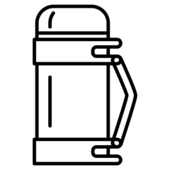 A large thermos with a plastic handle. Roomy thermal vessel for hot and cold drinking and eating. Thermos for camping, tourism, travel. Vector icon, outline, isolated