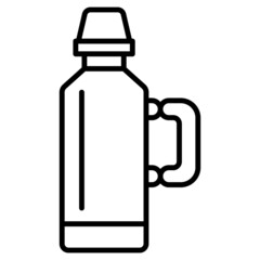 Thermos with folding handle on the side. Thermal vessel with a cup on top for hot and cold food and drink. Vector icon, outline, isolated