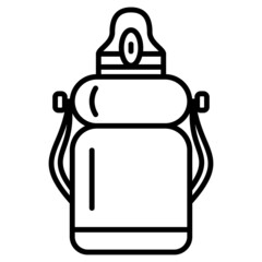 Obraz premium A roomy thermos with a filling valve on the lid. Thermos for hot, cold food, drink. Hiking, traveling outside, camping. Vector icon, outline, isolated