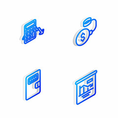 Set Isometric line Debt ball chained to coin, Calculation of expenses, Prison cell door and Pie chart infographic icon. Vector