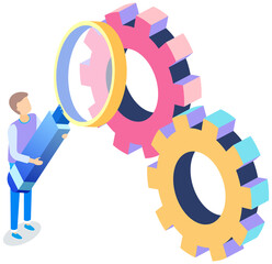 Operating system maintenance. Adjusting app, setting options, repair, fixing. Man with magnifier working with settigns program. Settigns development concept. Guy with magnifying glass looks at gears