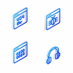 Set Isometric line System bug, Page with a 404 error, Binary code and Headphones icon. Vector