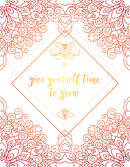 Motivational postcard design with oriental tribal ornaments. Ornamental sacred geometry coloring page.