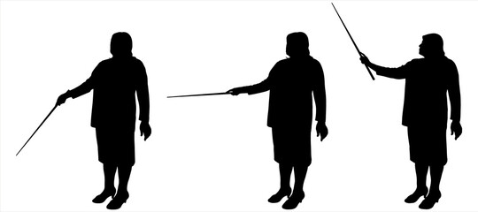 A woman with a pointer in her hands. Office worker, secretary, employee, teacher, trainer points to the sides with a pointer. Side view. Three black female silhouettes isolated on white background.