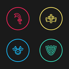 Set line Medieval shield with axe, Shield, Christian cross and Sword for game icon. Vector