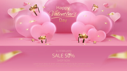 Valentine's day background and sale banner template with realistic 3d pink shelf and gift box elements, ribbon, balloon heart shaped with glitter light effects and bokeh.