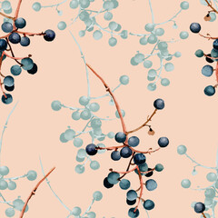 Autumn black berries branches watercolor onlight beige background seamless pattern for all prints.